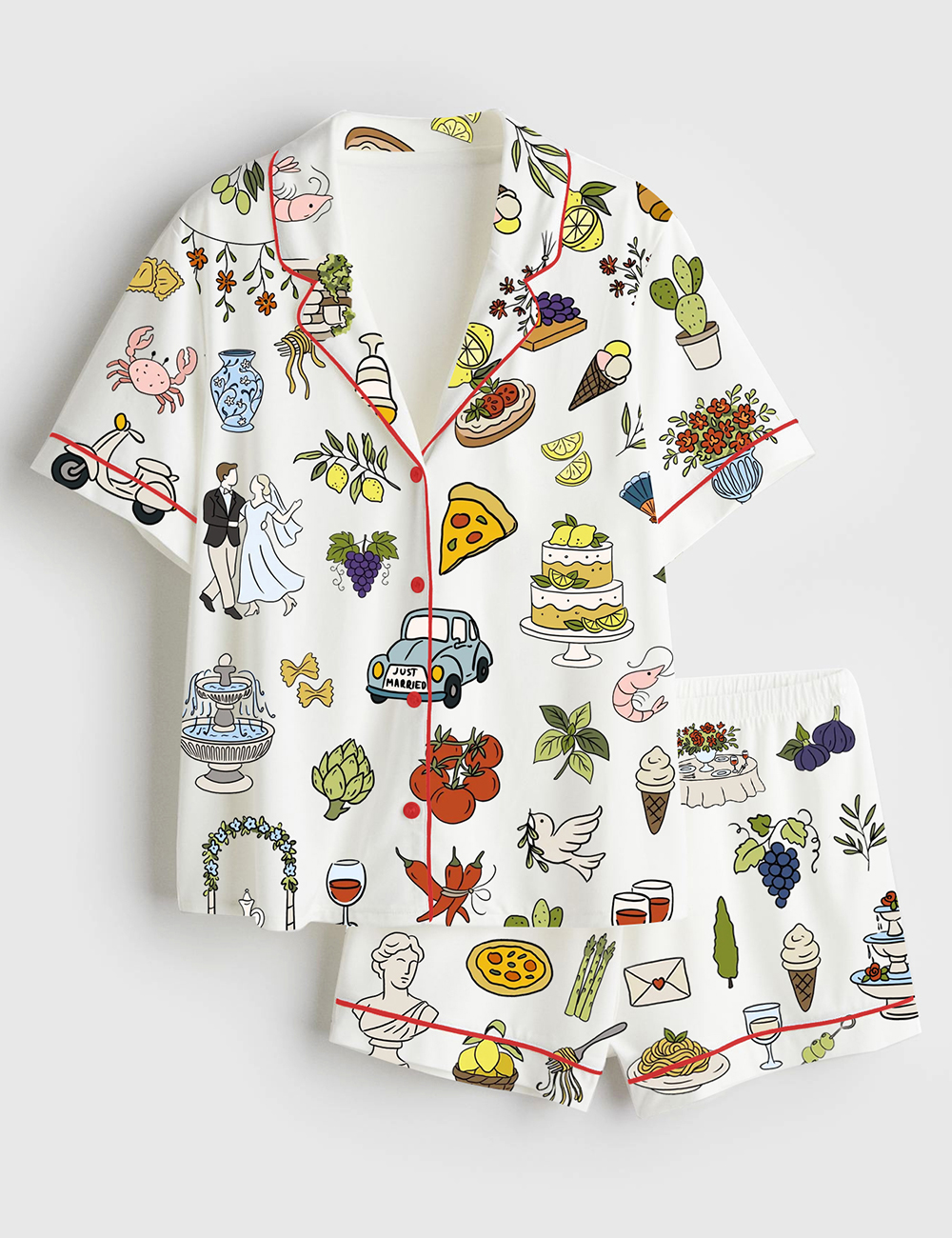 Womenâ€™s Italian Wedding Whimsical Tuscany La Dolce Vita Wedding Colorful Italy Wedding Short Sleeve Satin Pajama Set