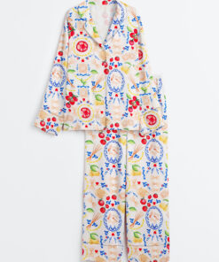 Women's Italy Travel Italian Girl Summer La Dolce Vita Amalfi Coast Portofino Print Long Sleeve Satin Pajama Set