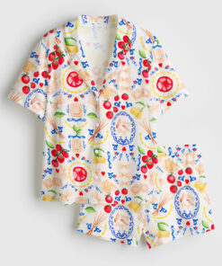 Women's Italy Travel Italian Girl Summer La Dolce Vita Amalfi Coast Portofino Print Short Sleeve Satin Pajama Set