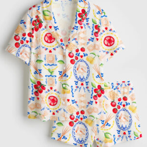 Womenâ€™s Italy Travel Italian Girl Summer La Dolce Vita Amalfi Coast Portofino Print Short Sleeve Satin Pajama Set
