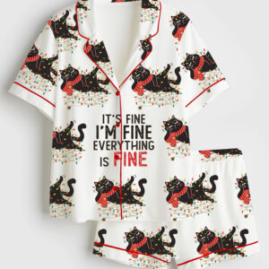 Womenâ€™s It's Fine I'm Fine Everything Is Fine Christmas Cat Short Sleeve Satin Pajama Set