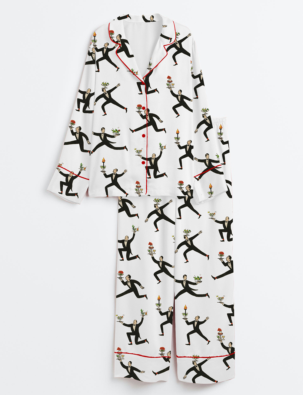 Womenâ€™s Jack Penny Wine Waiter Print Vintage Food & Cocktail Long Sleeve Satin Pajama Set