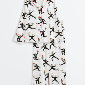 Women's Jack Penny Wine Waiter Print Vintage Food & Cocktail Long Sleeve Satin Pajamas Set