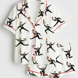 Womenâ€™s Jack Penny Wine Waiter Print Vintage Food & Cocktail Short Sleeve Satin Pajama Set