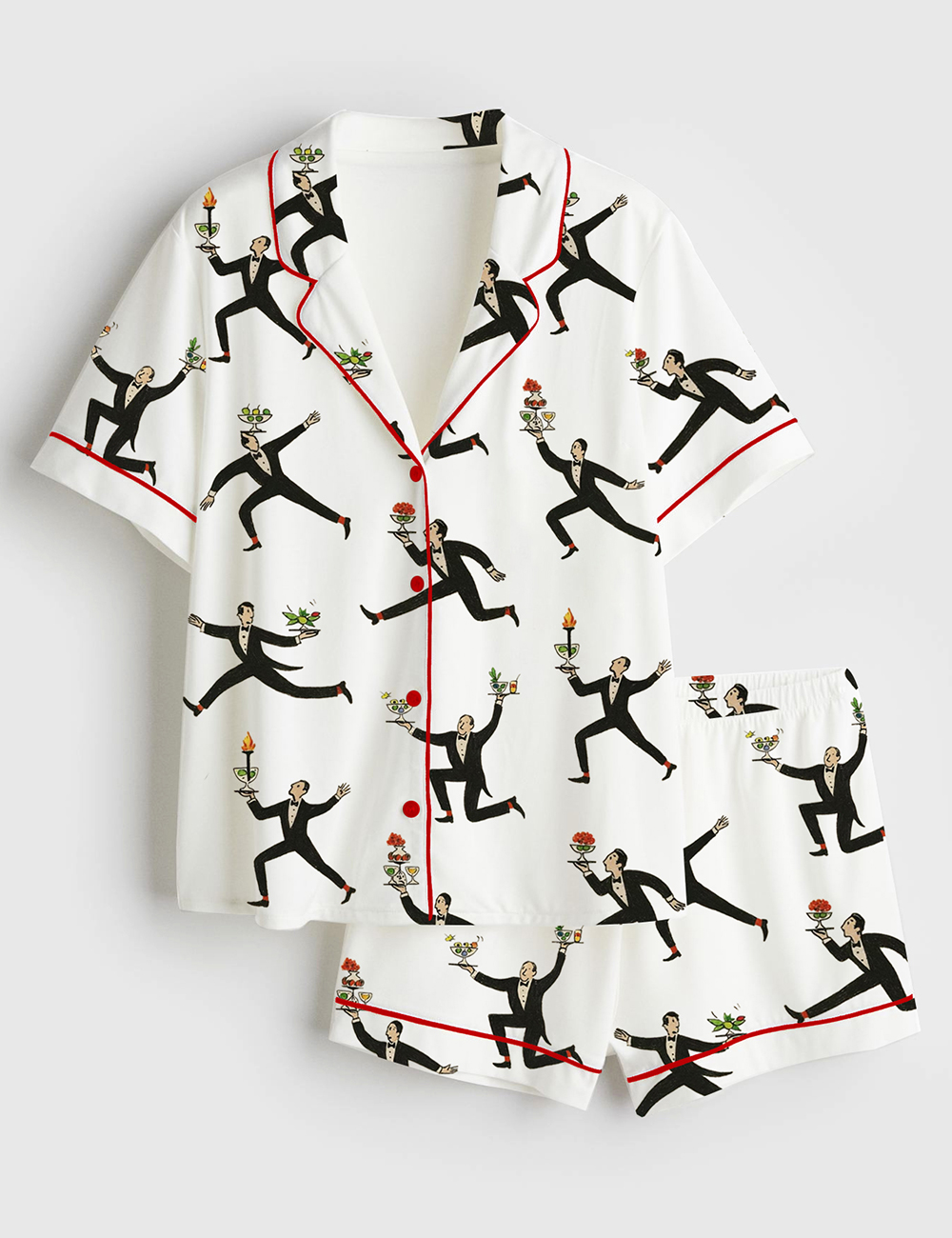 Womenâ€™s Jack Penny Wine Waiter Print Vintage Food & Cocktail Short Sleeve Satin Pajama Set