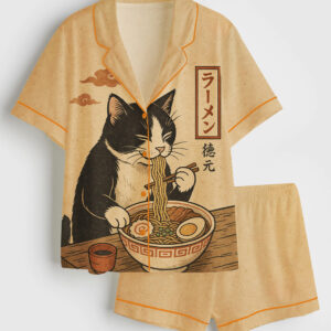 Womenâ€™s Japanese Cat Eating Ramen Short Sleeve Satin Pajama Set