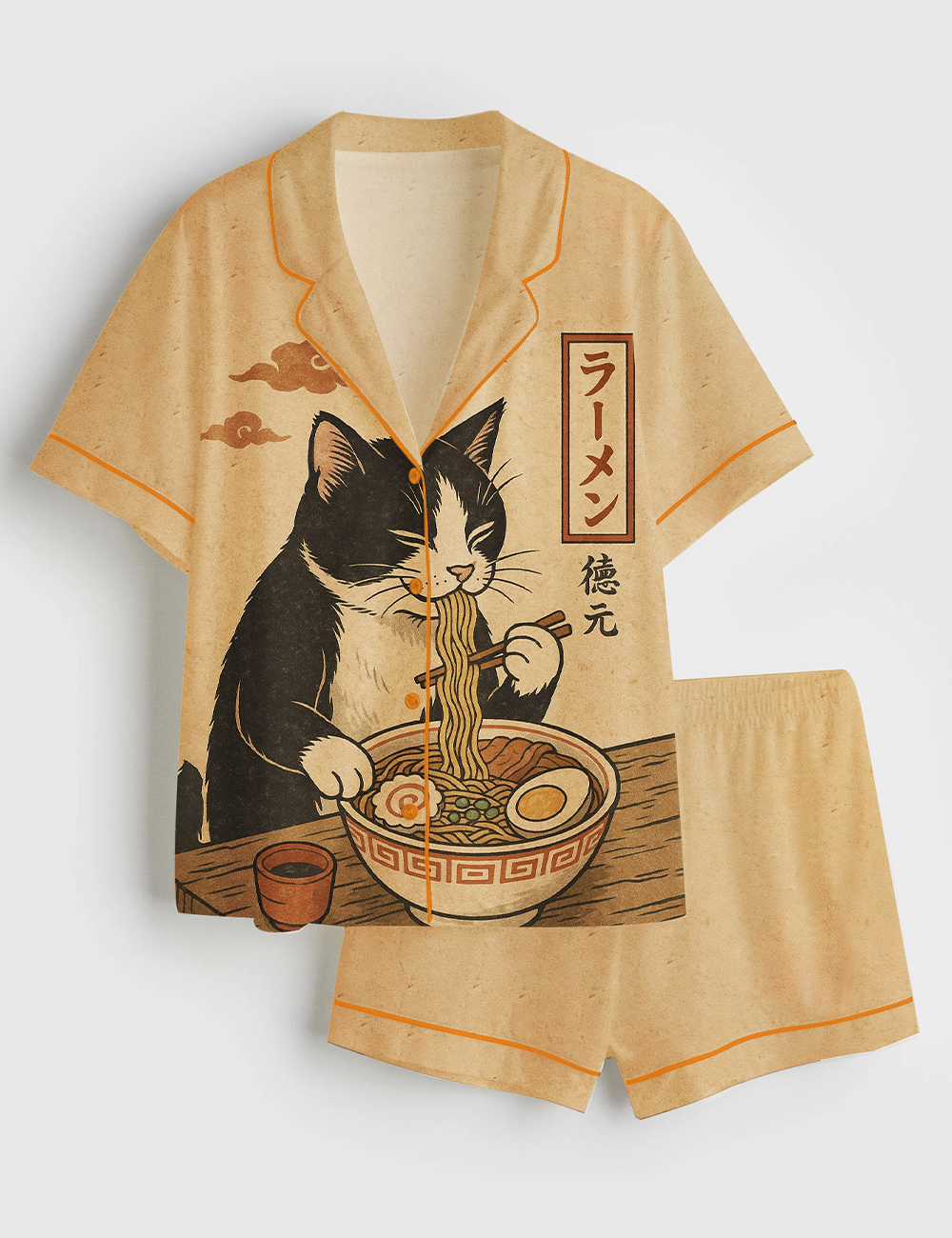 Women's Japanese Cat Eating Ramen Short Sleeve Satin Pajamas Set