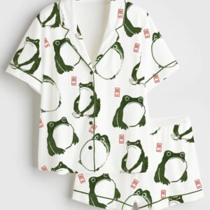 Women's Japanese Matsumoto Frog And Toad Short Sleeve Satin Pajama Set