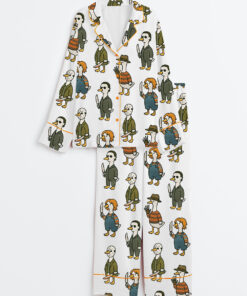 Women's Just A Horror Goose Halloween Silly Goose Horror Movie Print Long Sleeve Satin Pajama Set