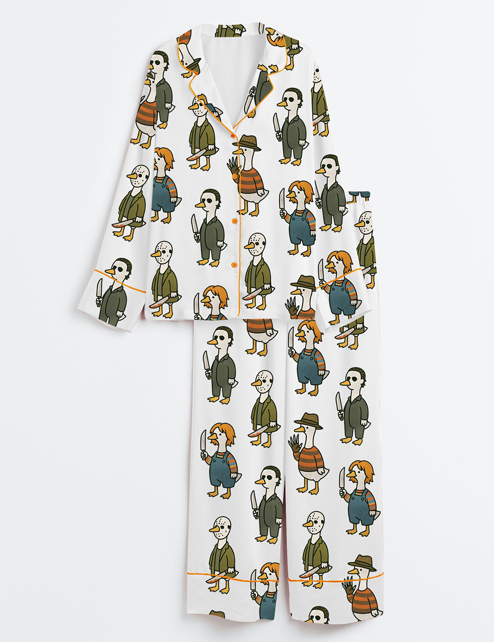 Womenâ€™s Just A Horror Goose Halloween Silly Goose Horror Movie Print Long Sleeve Satin Pajama Set