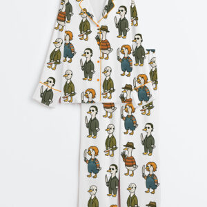 Women's Just A Horror Goose Halloween Silly Goose Horror Movie Print Long Sleeve Satin Pajamas Set