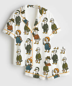 Women's Just A Horror Goose Halloween Silly Goose Horror Movie Print Short Sleeve Satin Pajama Set