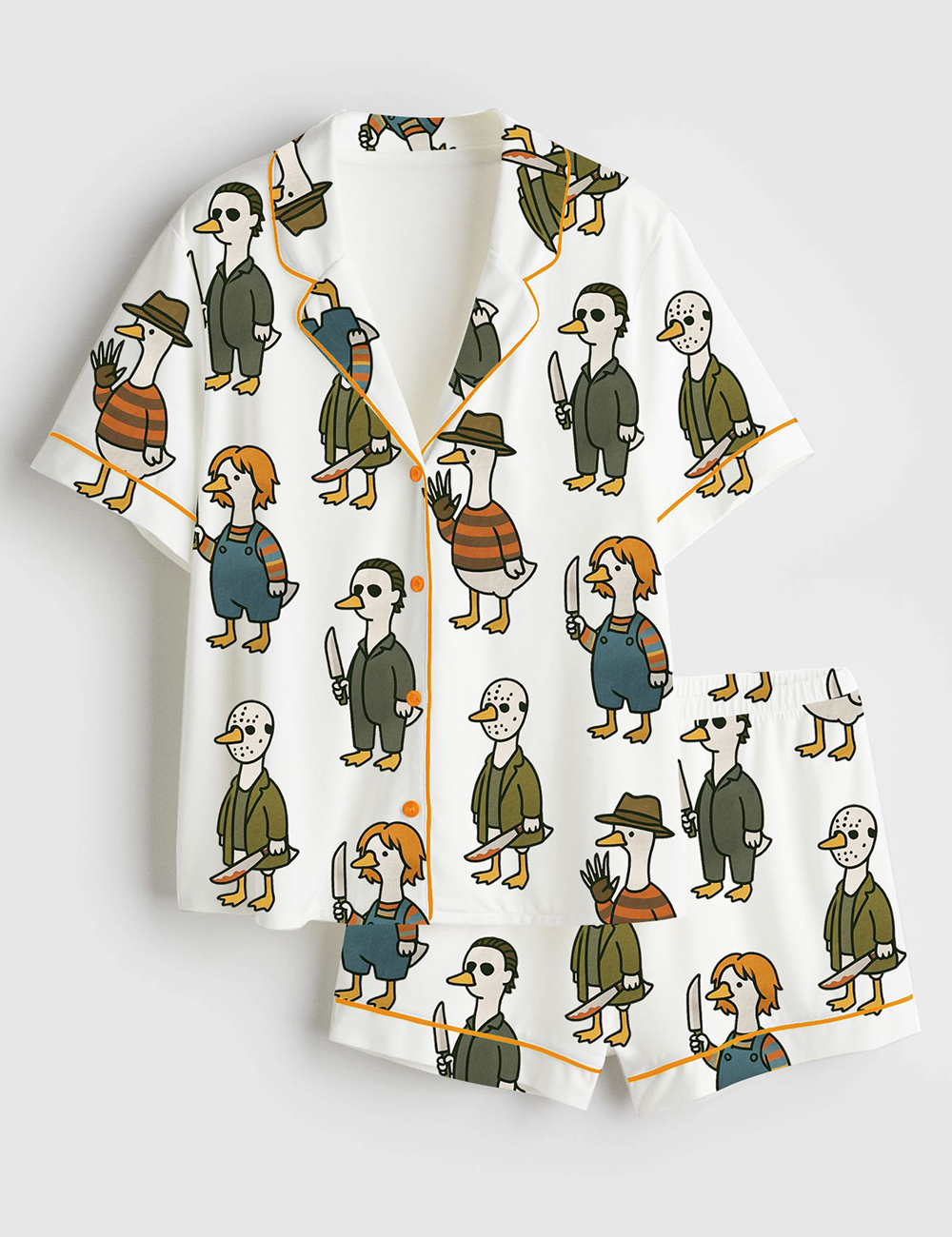 Womenâ€™s Just A Horror Goose Halloween Silly Goose Horror Movie Print Short Sleeve Satin Pajama Set