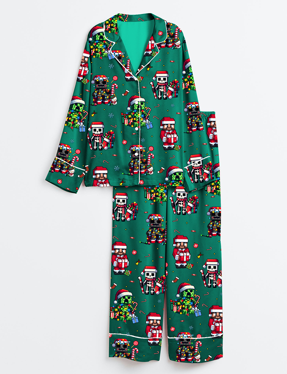 Women's Just A Jolly Creeper Gamer Character Christmas Long Sleeve Satin Pajamas Set