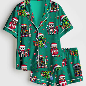 Womenâ€™s Just A Jolly Creeper Gamer Character Christmas Short Sleeve Satin Pajama Set