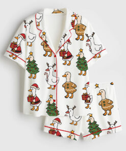 Women's Just A Jolly Goose Duck Christmas Short Sleeve Satin Pajama Set