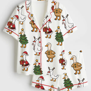 Womenâ€™s Just A Jolly Goose Duck Christmas Short Sleeve Satin Pajama Set