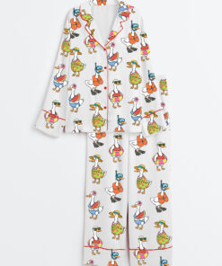 Women's Just A Silly Goose Summer Cute Retro Goose Print Long Sleeve Satin Pajama Set