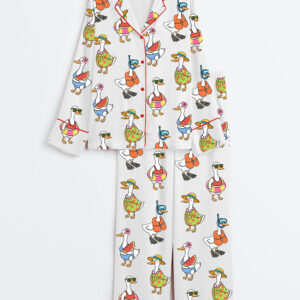 Women's Just A Silly Goose Summer Cute Retro Goose Print Long Sleeve Satin Pajamas Set
