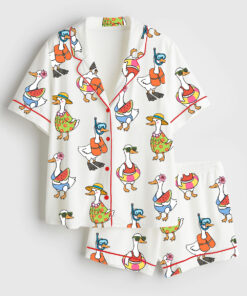 Women's Just A Silly Goose Summer Cute Retro Goose Print Short Sleeve Satin Pajama Set