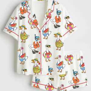 Womenâ€™s Just A Silly Goose Summer Cute Retro Goose Print Short Sleeve Satin Pajama Set
