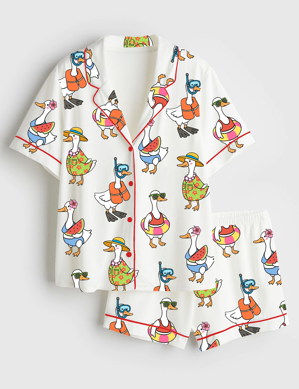 Womenâ€™s Just A Silly Goose Summer Cute Retro Goose Print Short Sleeve Satin Pajama Set