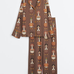 Women's Just A Thankful Goose Match Thanksgiving Long Sleeve Satin Pajamas Set