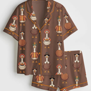 Womenâ€™s Just A Thankful Goose Match Thanksgiving Short Sleeve Satin Pajama Set
