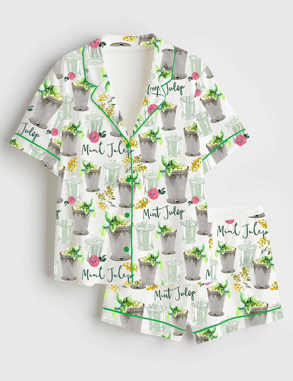 Womenâ€™s Kentucky Derby Mint Julep Horse Racing Run For The Roses Short Sleeve Satin Pajama Set