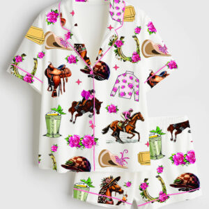 Womenâ€™s Kentucky Derby Run For The Roses Kentucky Horse Racing Western Short Sleeve Satin Pajama Set
