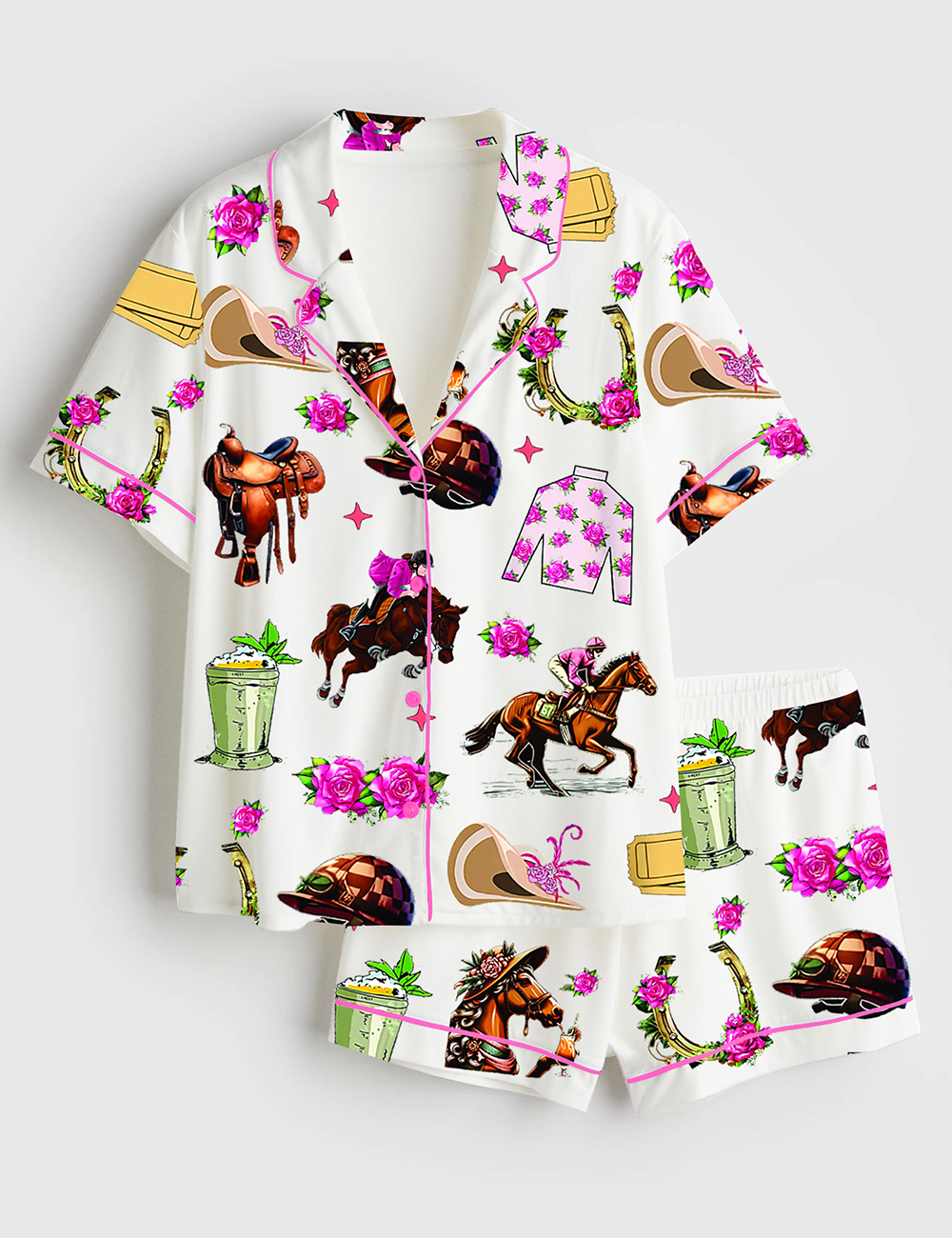 Womenâ€™s Kentucky Derby Run For The Roses Kentucky Horse Racing Western Short Sleeve Satin Pajama Set