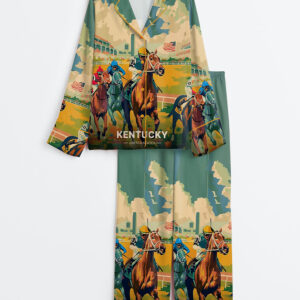Womenâ€™s Kentucky Derby Travel 151st Run For The Roses Print Long Sleeve Satin Pajama Set