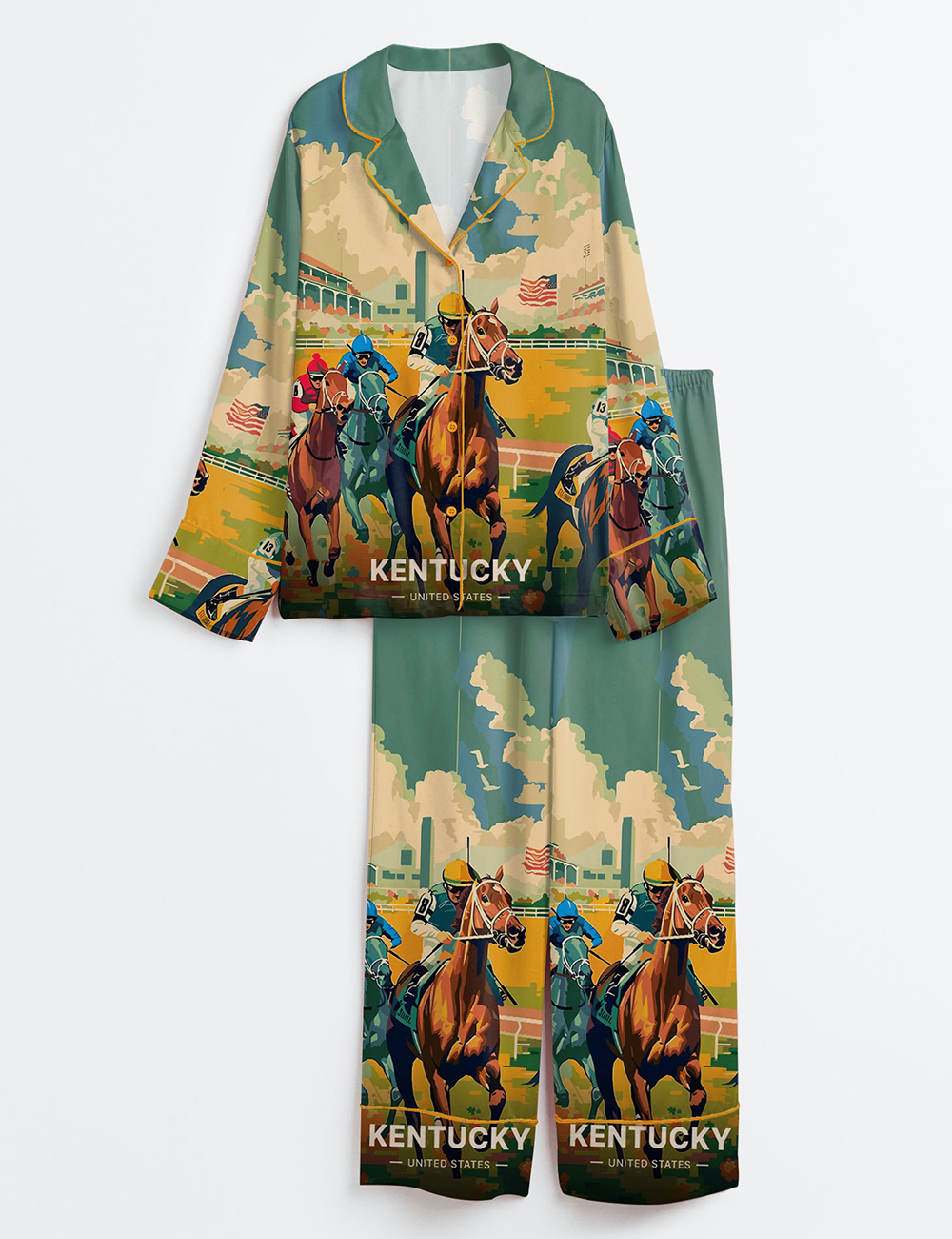 Women's Kentucky Derby Travel 151st Run For The Roses Print Long Sleeve Satin Pajamas Set