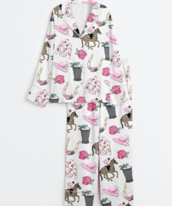 Women's Kentucky Derby Vibes Run For The Roses Horse Racing Western Pink Long Sleeve Satin Pajama Set