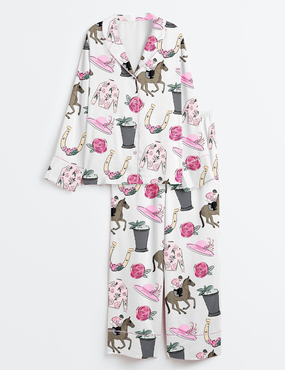 Womenâ€™s Kentucky Derby Vibes Run For The Roses Horse Racing Western Pink Long Sleeve Satin Pajama Set