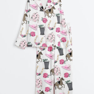 Women's Kentucky Derby Vibes Run For The Roses Horse Racing Western Pink Long Sleeve Satin Pajamas Set