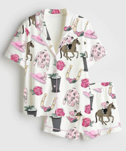 Women's Kentucky Derby Vibes Run For The Roses Horse Racing Western Pink Short Sleeve Satin Pajama Set