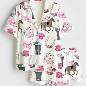 Womenâ€™s Kentucky Derby Vibes Run For The Roses Horse Racing Western Pink Short Sleeve Satin Pajama Set