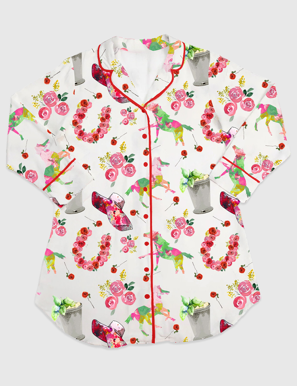 Womenâ€™s Kentucky Derby Western Horse Pattern Long Sleeve Satin Sleep Shirt