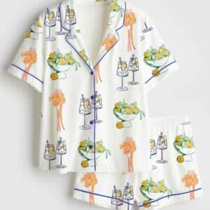 Women's Kitchen Art Cocktail Drinks Pasta Lover Short Sleeve Satin Pajama Set