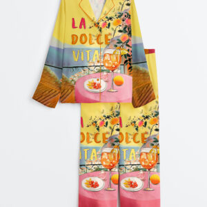 Womenâ€™s La Dolce Vita Amalfi Coast Italy Travel Italian Quote Positano Italy Colorful Cocktail Print Long Sleeve Satin Pajama Set