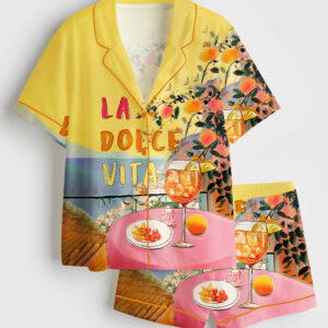Womenâ€™s La Dolce Vita Amalfi Coast Italy Travel Italian Quote Positano Italy Colorful Cocktail Print Short Sleeve Satin Pajama Set