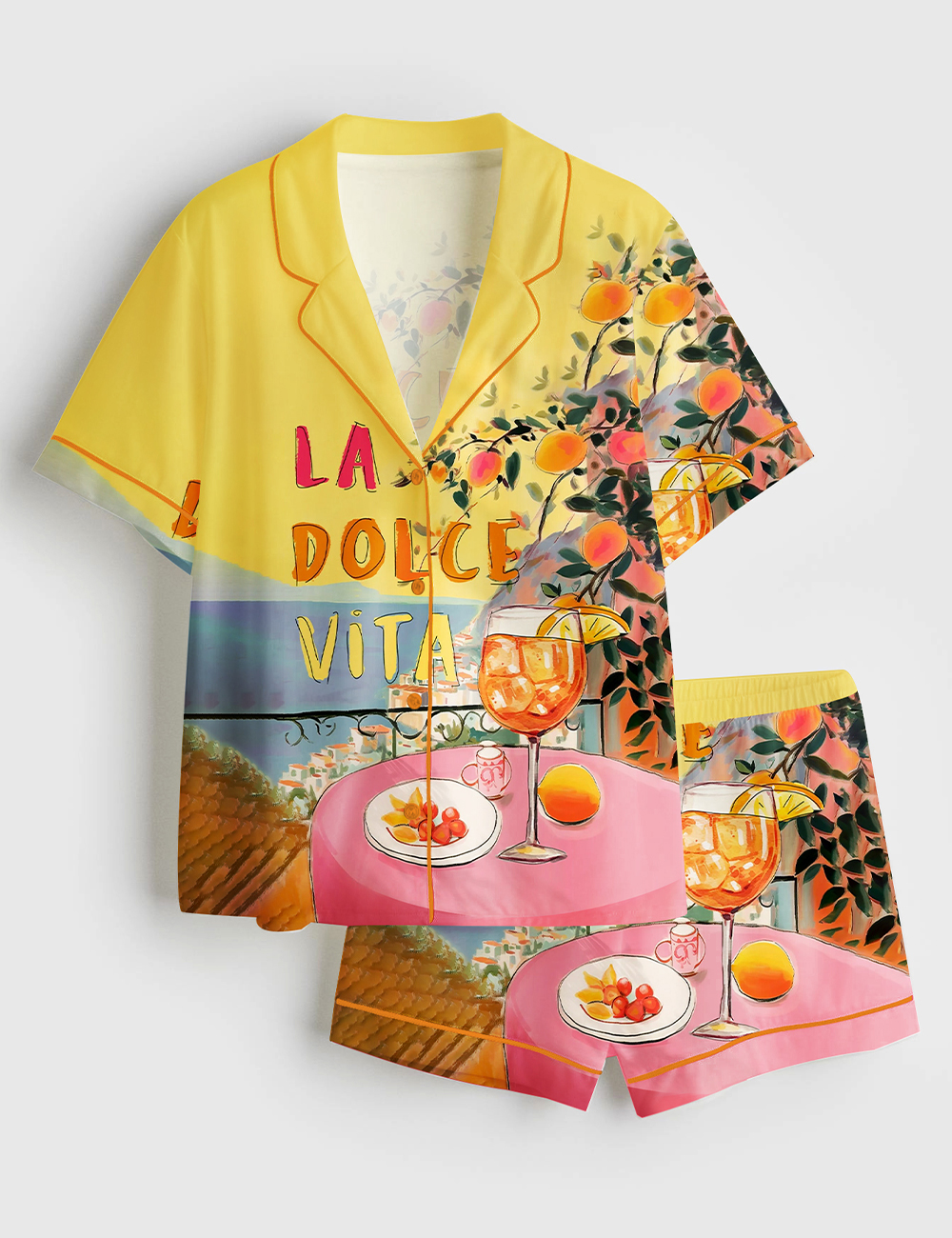 Women's La Dolce Vita Amalfi Coast Italy Travel Italian Quote Positano Italy Colorful Cocktail Print Short Sleeve Satin Pajama Set
