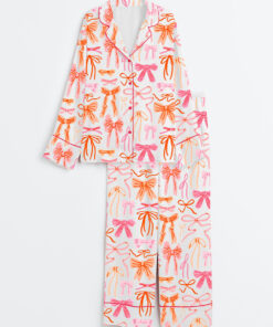 Women's Lace And Ribbons Coquette Bow Long Sleeve Satin Pajama Set