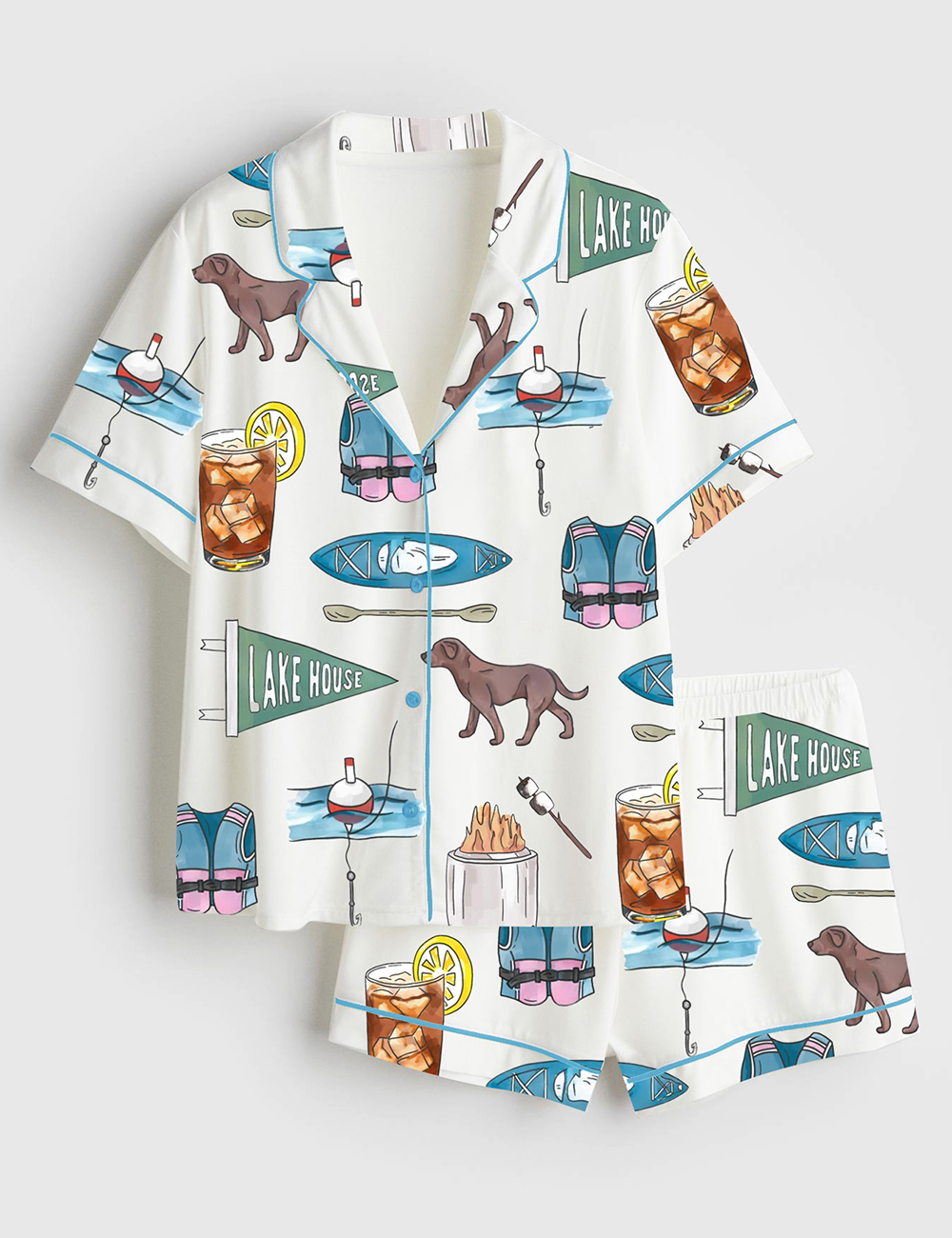 Womenâ€™s Lake House Icons Short Sleeve Satin Pajama Set