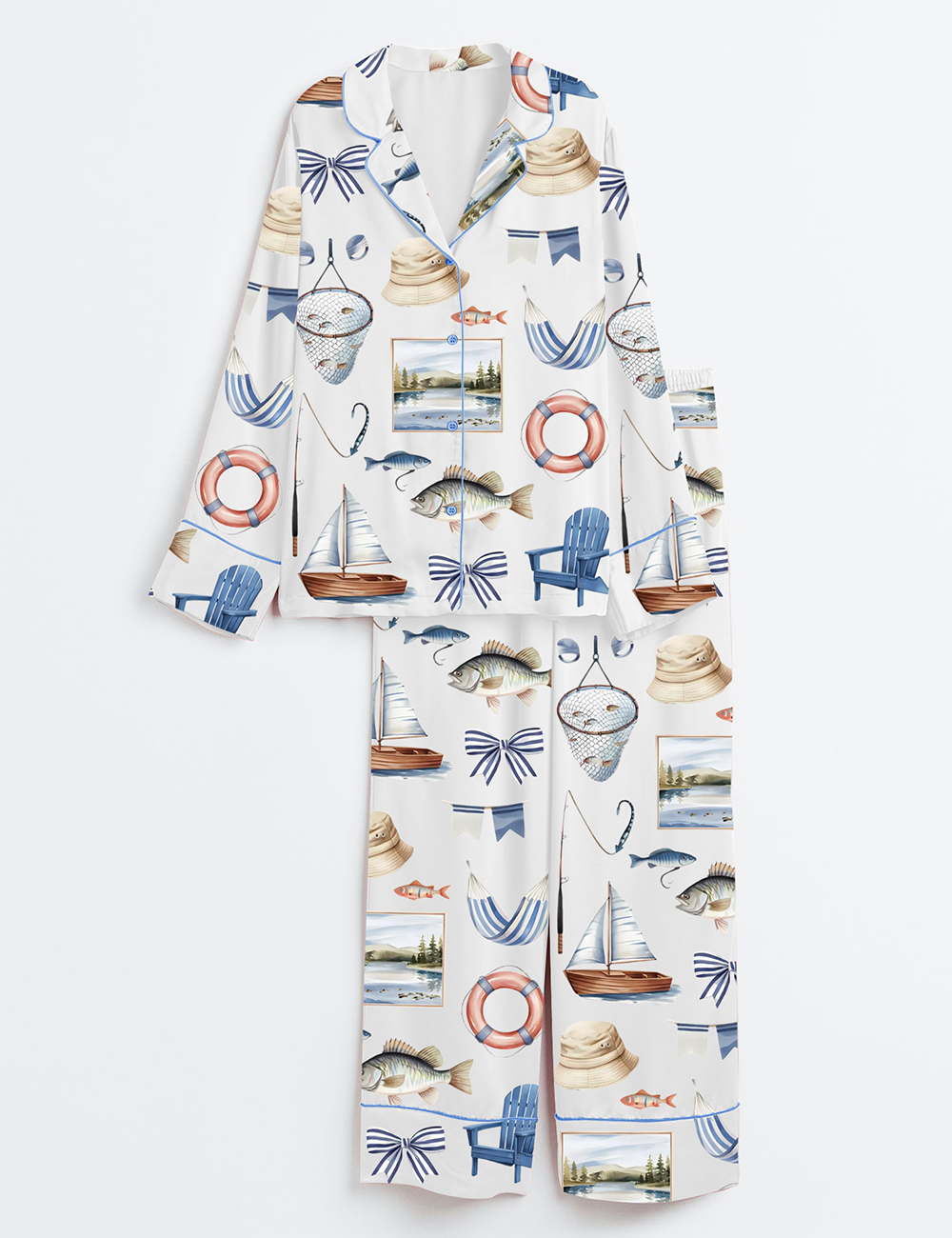 Womenâ€™s Lake Life Coastal Vacation Summer Vibes Long Sleeve Satin Pajama Set