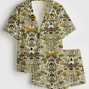 Womenâ€™s Large Scale Natural Habitat of Bees and Moths Wild Grass And Flowers Short Sleeve Satin Pajama Set