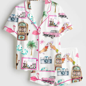 Womenâ€™s Las Vegas Bachelorette Cocktail Club Girls Trip Country Club Short Sleeve Satin Pajama Set