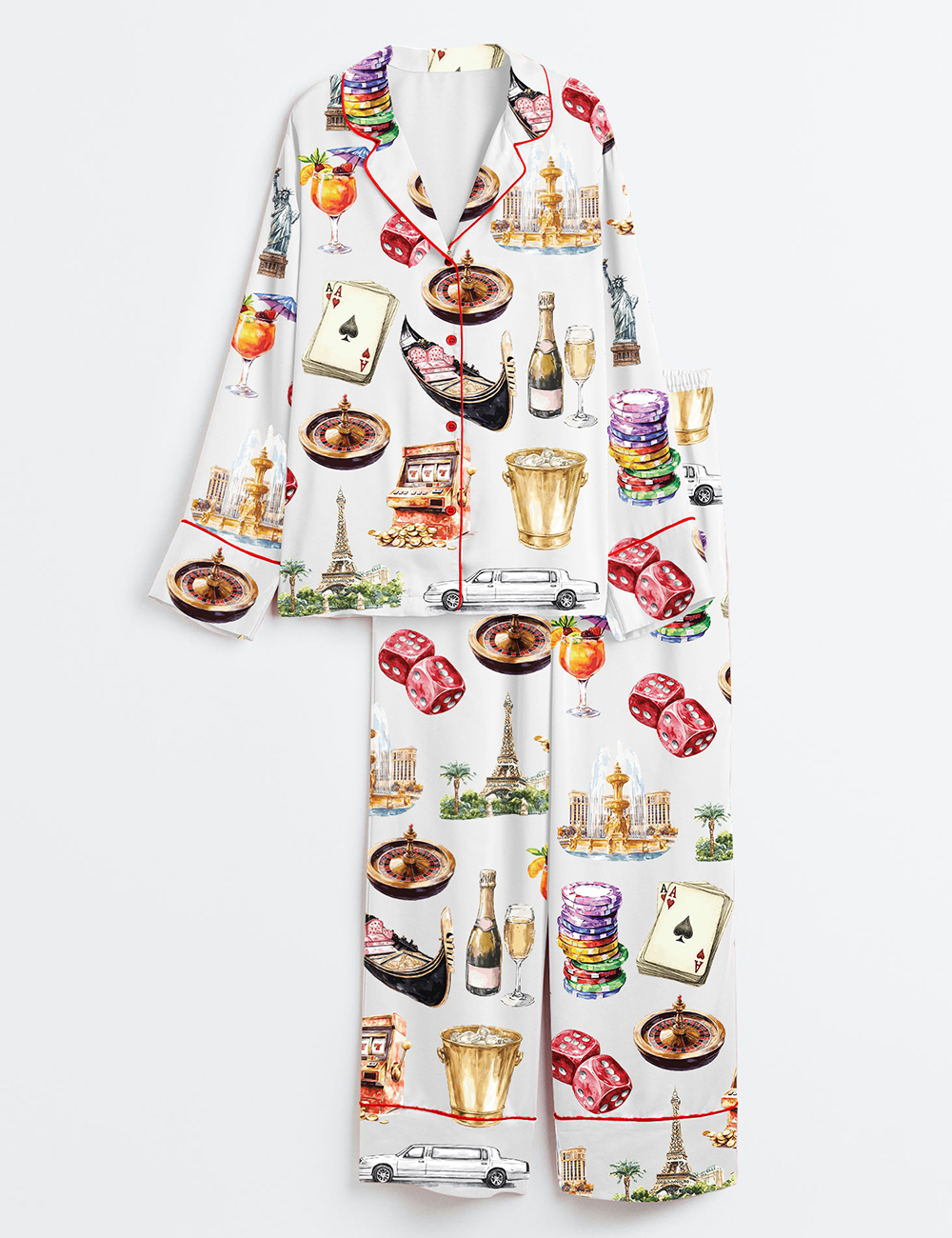 Womenâ€™s Las Vegas Clipart Vacation Travel Long Sleeve Satin Pajama Set