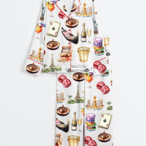 Women's Las Vegas Clipart Vacation Travel Long Sleeve Satin Pajamas Set